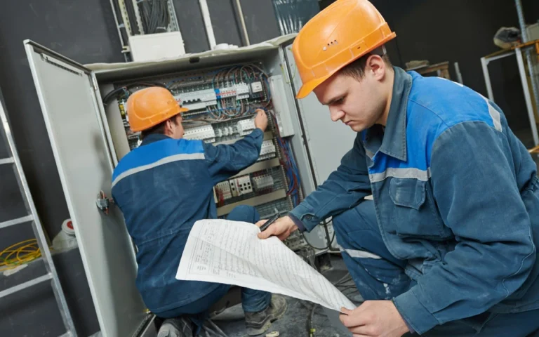 Dois técnicos inspecionando cabos elétricos de alta qualidade para garantir a segurança.