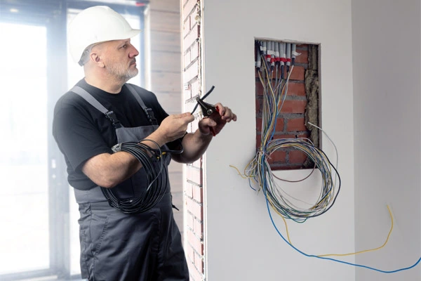 Engenheiro está segurando um cabo elétrico.