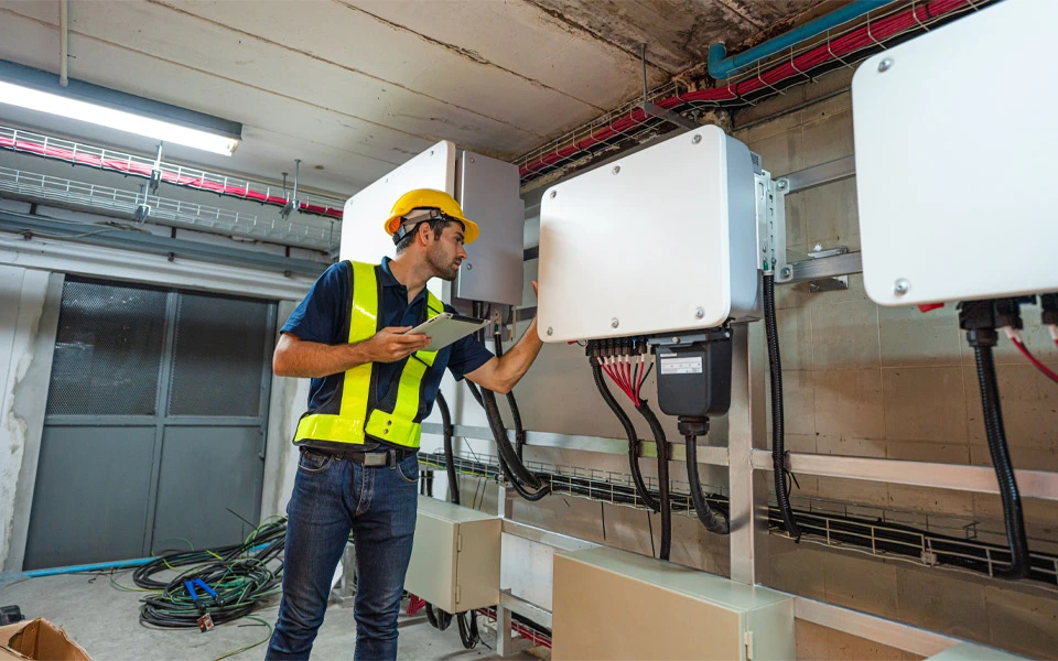 Engenheiro de serviço realizando inspeção e instalação de célula solar inversora em ambiente externo, com equipamentos técnicos e estrutura de painéis fotovoltaicos ao fundo.